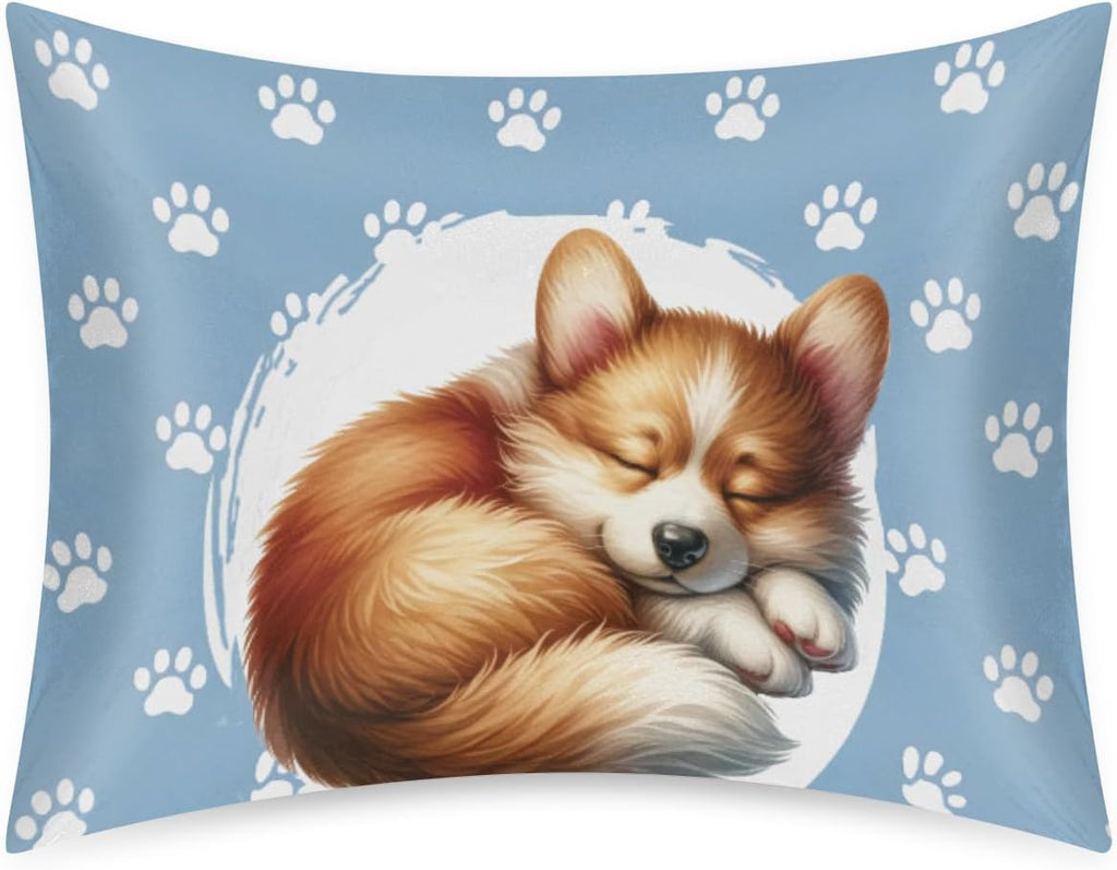 Satin Pillowcase for Hair and Skin Blue Paw Print Dog Soft Silk Pillow Case with Envelope Closure Cooling Pillow Cases Slip Standard Size…