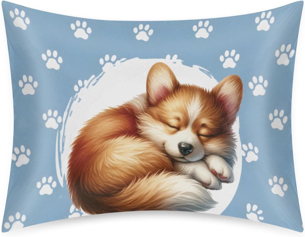 Satin Pillowcase for Hair and Skin Blue Paw Print Dog Soft Silk Pillow Case with Envelope Closure Cooling Pillow Cases Slip Standard Size…