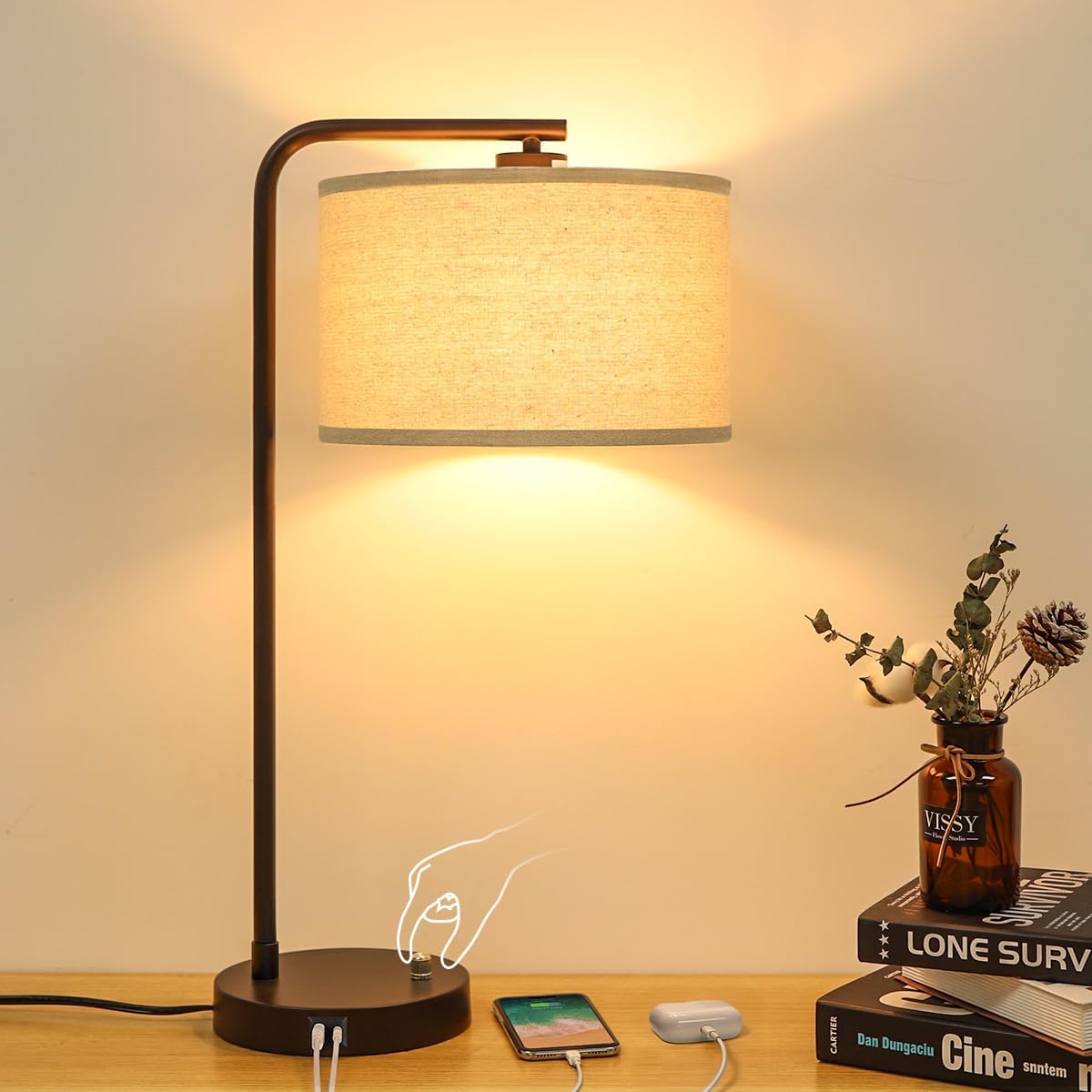 25" Tall Table Lamp with USB C+A Ports, Fully Stepless Dimmable Modern Minimalist Bedside Nightstand Lamp, Reading Desk Lamp for Bedroom…