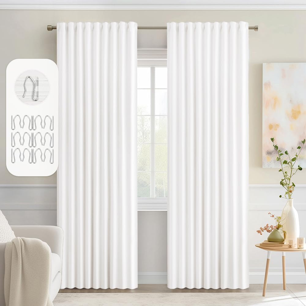 Miulee Pure White Back Tab Blackout Curtains 90 Inches Long 2 Panels Set for Living Room Bedroom Privacy, Rod Pocket/Pinch Pleat Thermal In…