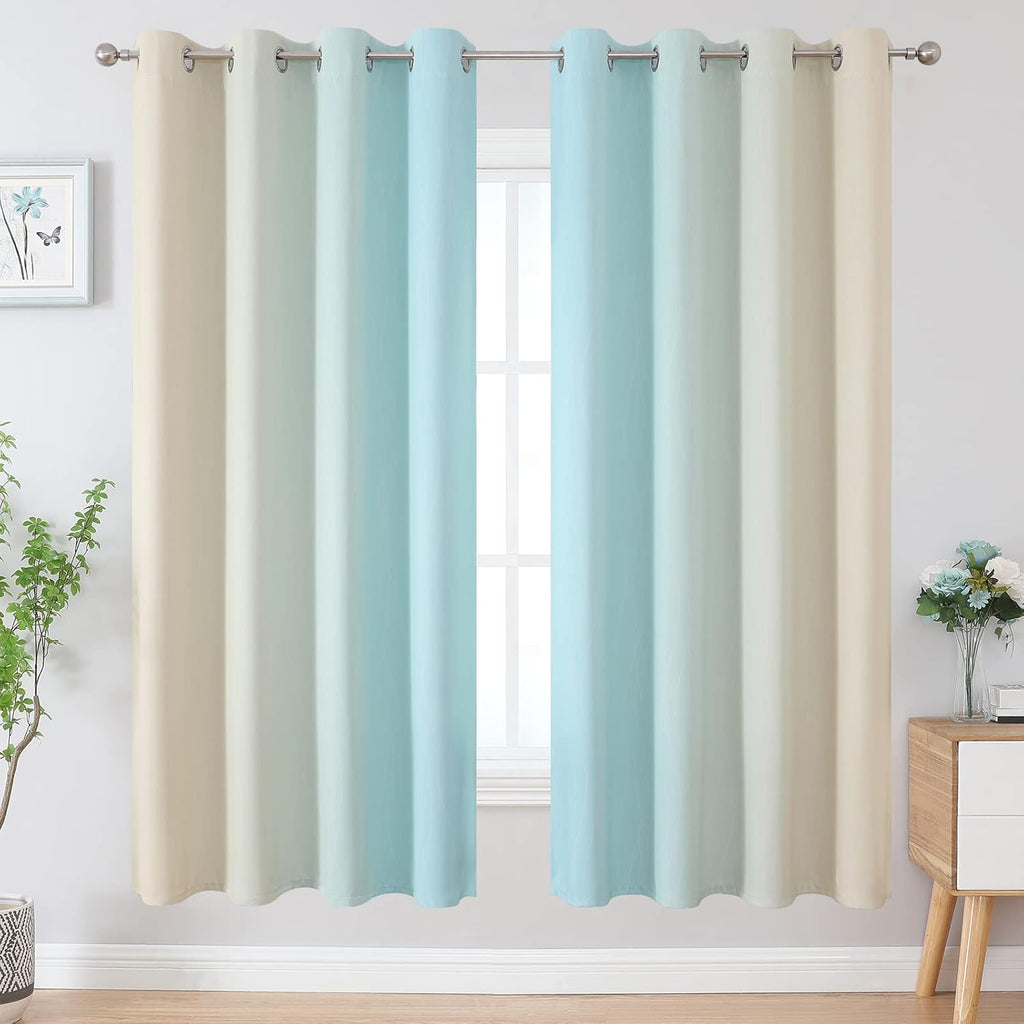 Estelartextiler Estelar Textiler Full Room Darkening Gradient Blackout Curtains 72 Inch Length 2 Panels Set, Ombre Aqua and Beige Thermal I…
