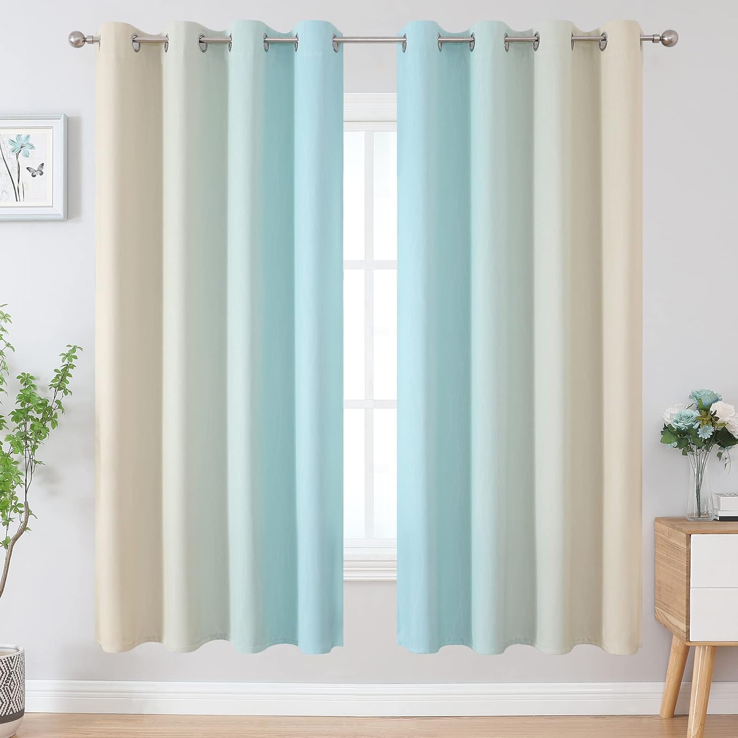 Estelartextiler Estelar Textiler Full Room Darkening Gradient Blackout Curtains 72 Inch Length 2 Panels Set, Ombre Aqua and Beige Thermal I…