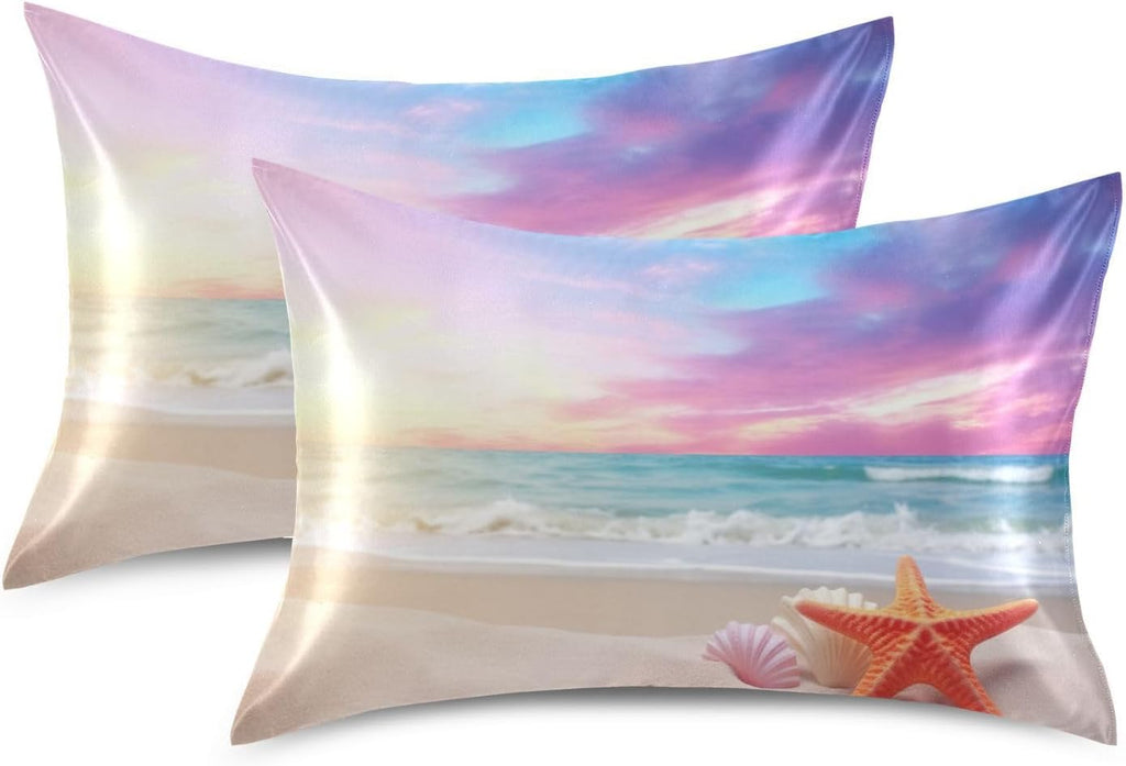 YETTASBIN Starfish Beach Satin Pillowcase, Soft Breathable Silk Pillow Case with Envelope Closure for Hair and Skin, Queen Size 30 x 20 Inch