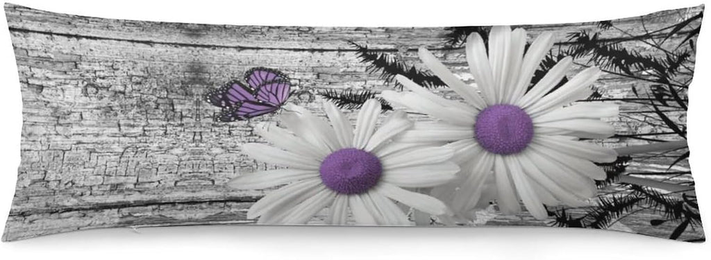 Body Pillow Cover Rustic Floral Body Pillowcase White Purple Daisy Flower Butterfly Decorative Rectangle Long Pillow Cases Gray Barn…
