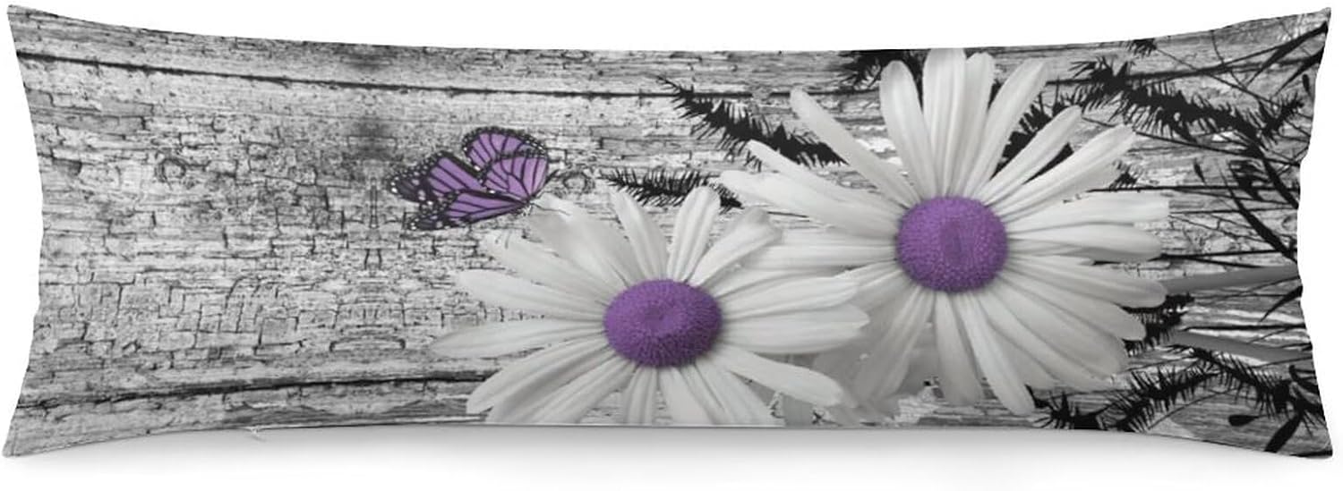 Body Pillow Cover Rustic Floral Body Pillowcase White Purple Daisy Flower Butterfly Decorative Rectangle Long Pillow Cases Gray Barn…