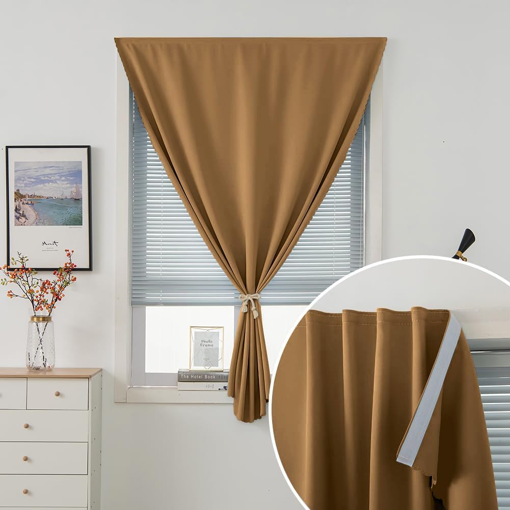 Self Adhesive Curtains, Stick Curtain Blackout Shades Window Cover Curtains for Living Room No Drilling, 47" W X 71" L, Brown, 1 Panel