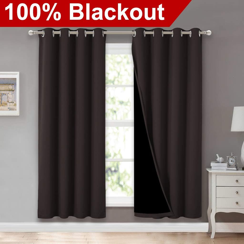 Nicetown 100% Blackout Window Curtain Panels, Full Light Blocking Drapes with Black Liner for Nursery, 72 inches Drop Thermal Bedroom Drape…
