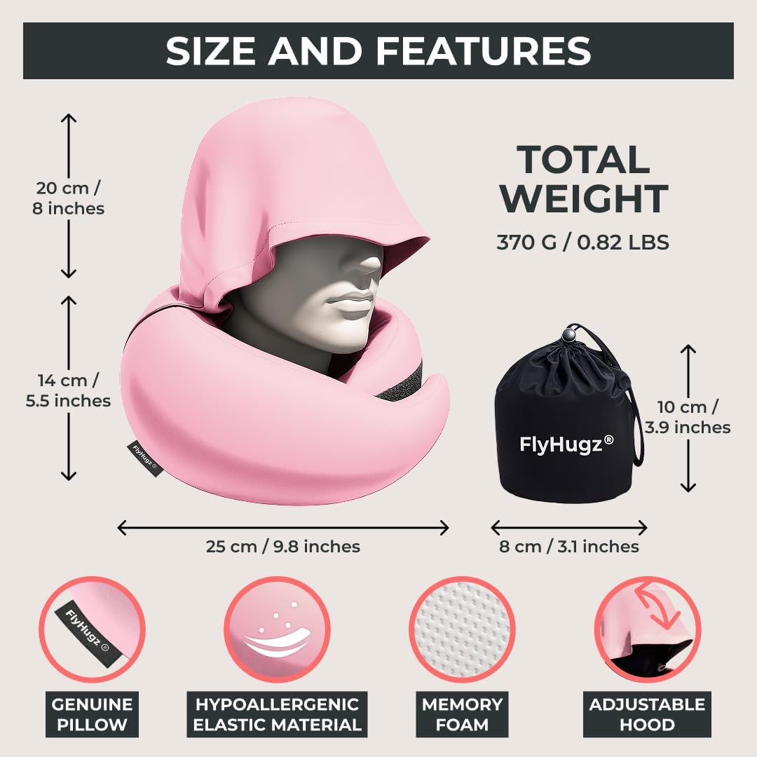 FlyHugz® 2.0 Hooded Travel Pillow – 2026 Original Release – Memory Foam Neck Pillow with Adjustable Hood & Premium Elastic Washable Cover…
