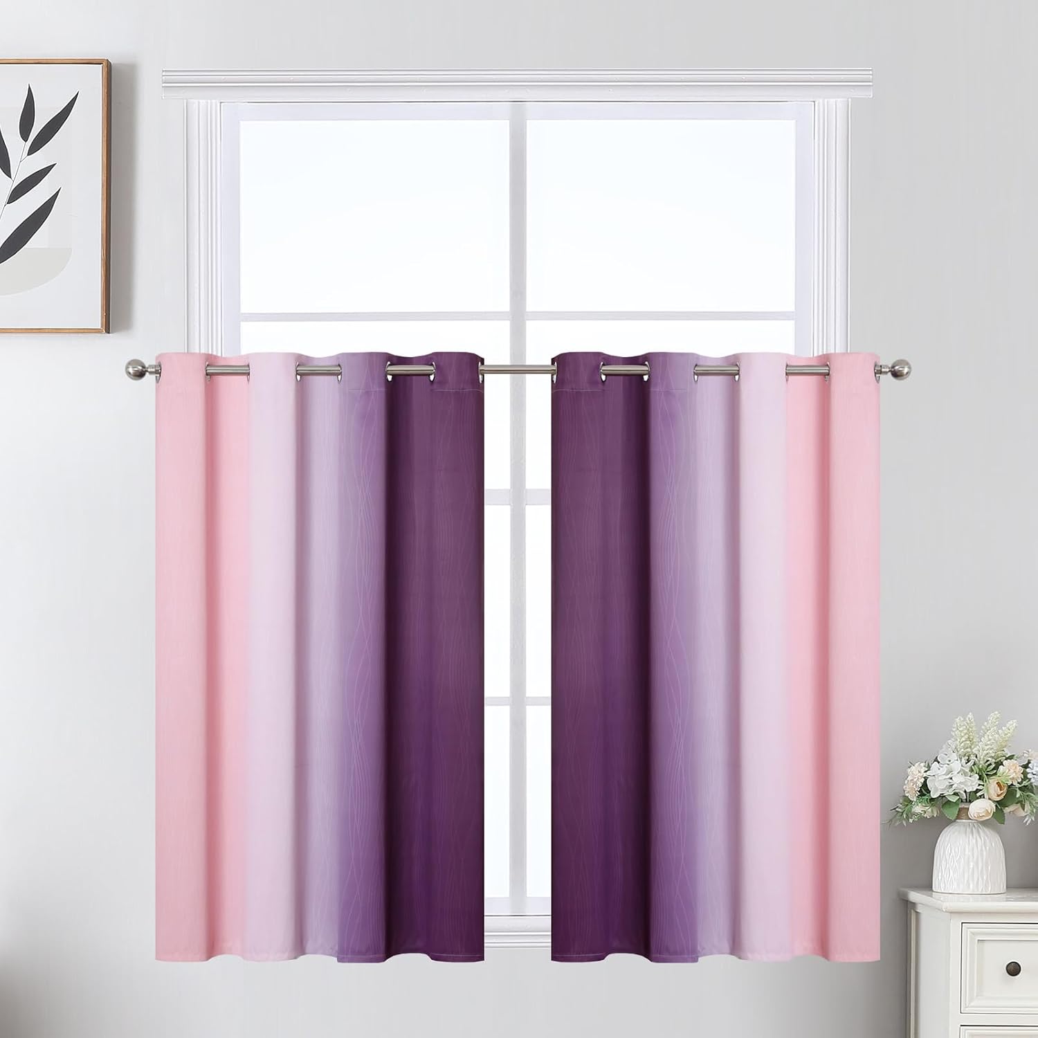 Estelartextiler Estelar Textiler Pink and Purple Ombre Short Blackout Curtains 36 Inch Long, Thermal Insulated Grommet Small Half Window Dr…