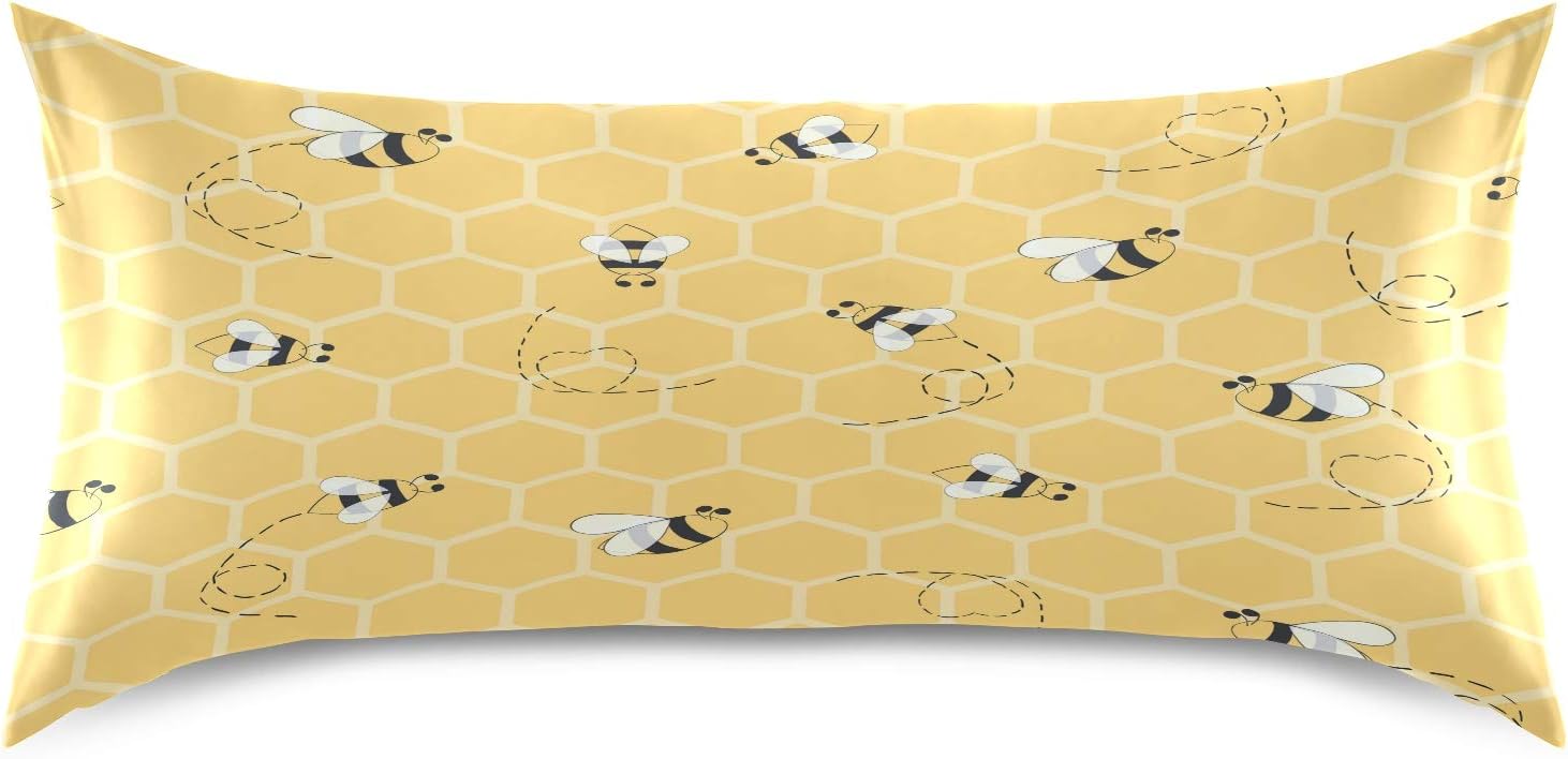 Satin Pillowcase for Hair and Skin Silkly Decorative Pillow Sham with Envelope Closure Pillow Cover (20x30in, Yellow Honeycomb Bee)