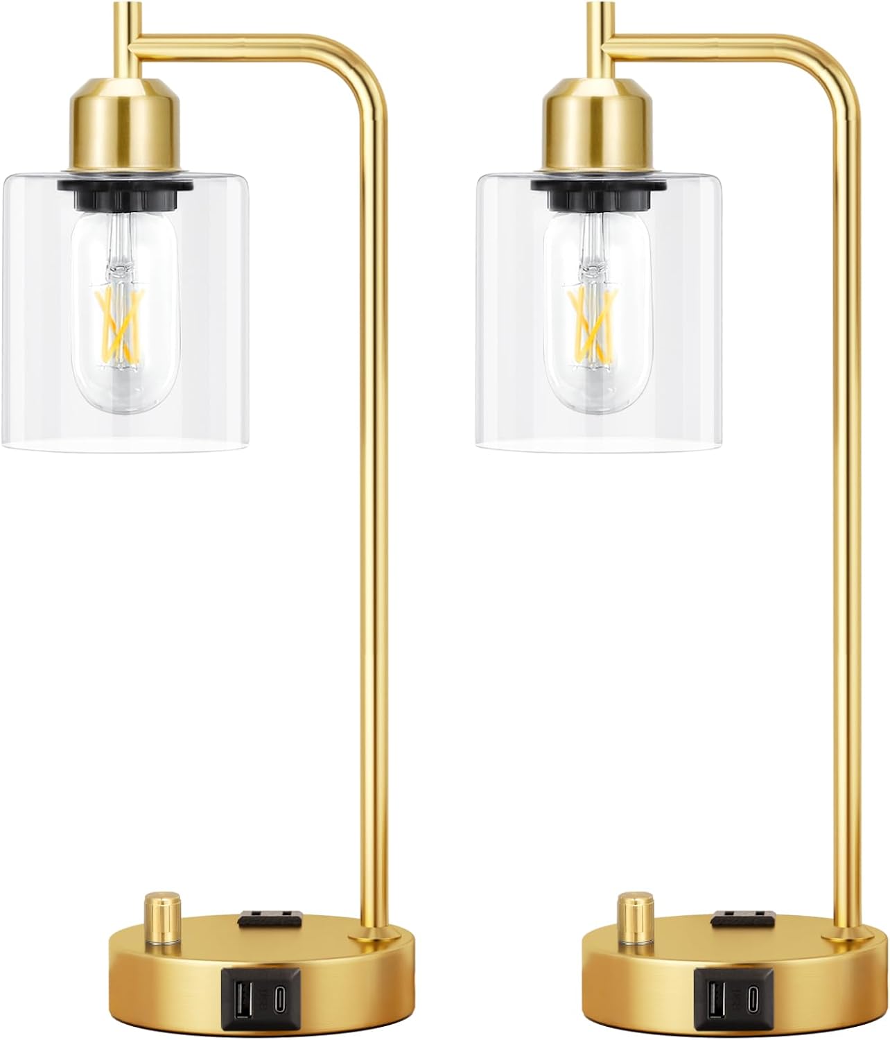 Innqoo Industrial Table Lamp for Bedroom Set of 2 - Fully Dimmable Bedside Lamps with USB Ports and Outlet, Gold Nightstand Lamps with…
