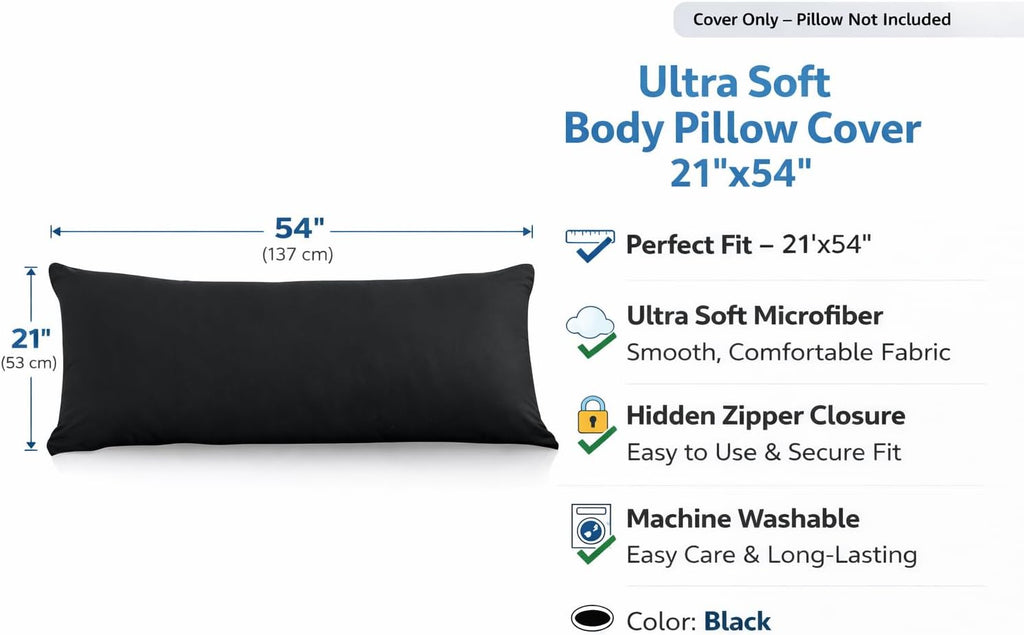 EVOLIVE Ultra Soft Body Pillow Cover 21"x54", Cozy Microfiber Pillowcase with Hidden Zipper, Breathable, Perfect for Pregnancy & Side…