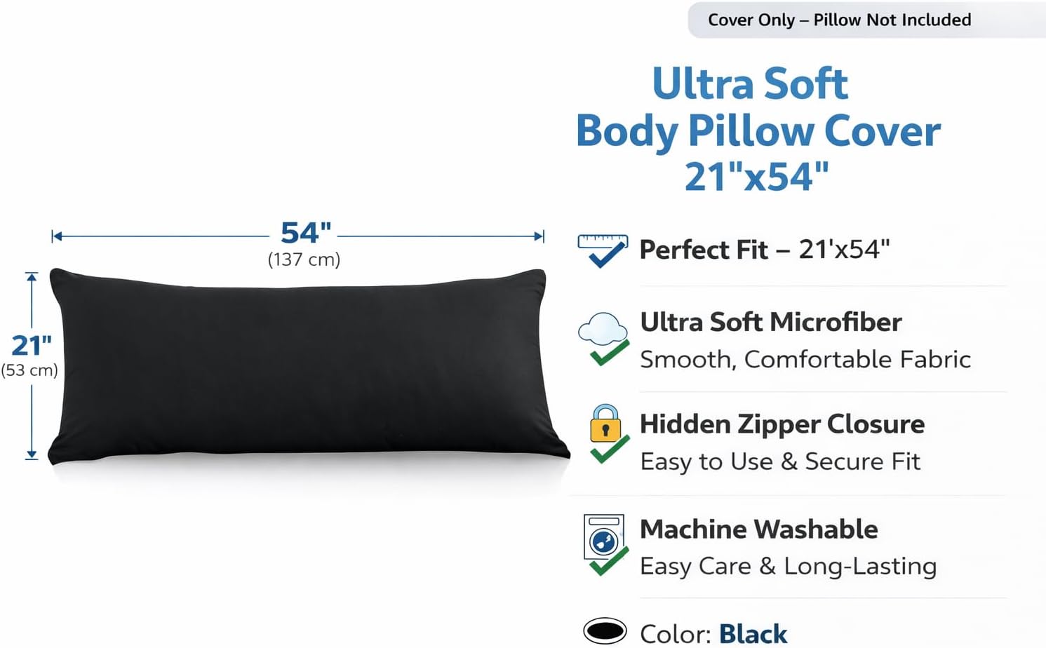EVOLIVE Ultra Soft Body Pillow Cover 21"x54", Cozy Microfiber Pillowcase with Hidden Zipper, Breathable, Perfect for Pregnancy & Side…
