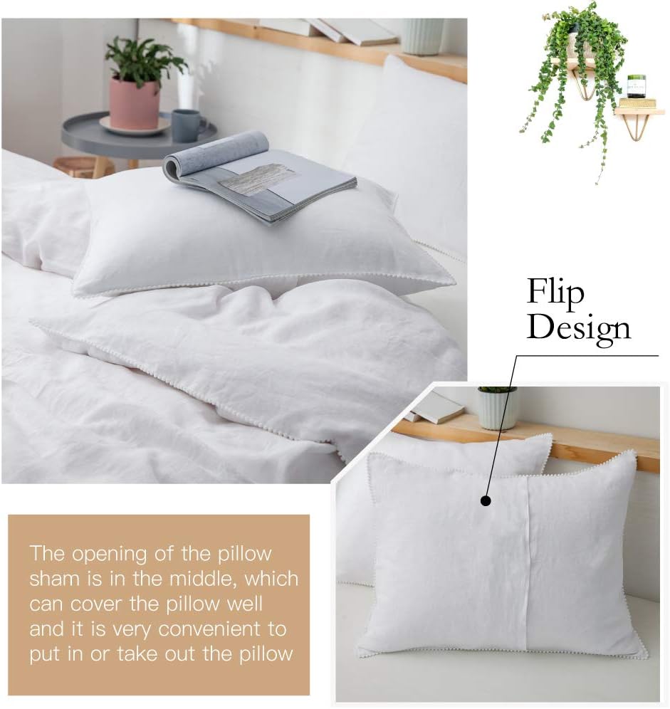 Simple&Opulence 100% Washed Linen Duvet Cover with Pom Pom Trim, Natural French Flax Bedding Set Soft Breathable,1 Farmhouse…