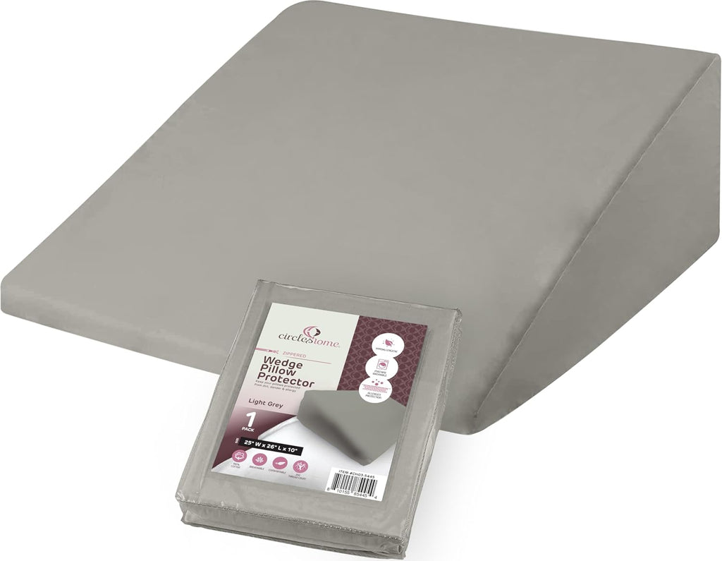 CirclesHome Wedge Pillow Cover 100% Cotton, Zippered Wedge Pillow Case Protector, Soft, Hypoallergenic & Breathable - Light Grey, (25Wx26Lx…