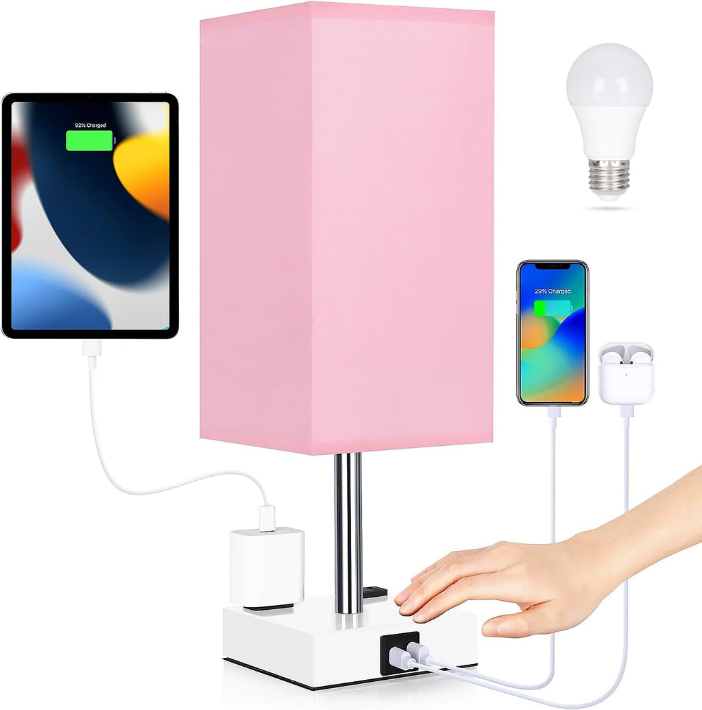 Bedside Lamp with USB Ports - Touch Control Table Lamp for Bedroom with USB C+A Charging Ports & AC Outlets, 3 Way Dimmable Nightstand…