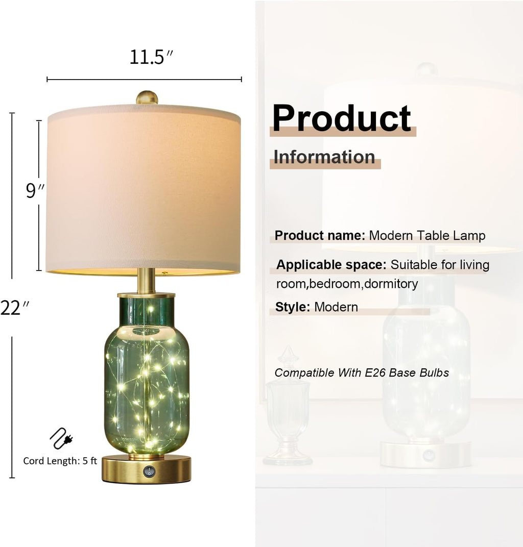 Oneach 22" Glass Table Lamps Set of 2, Green Modern Bedside Lamp with LED Night Light for Living Room, Nightstand Lamp with USB Ports for B…