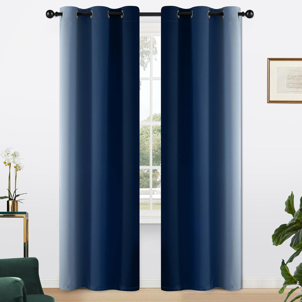 Yakamok Light Blocking Ombre Curtains, Greyish White and Blue Gradient Color Curtains, Room Darkening Grommet Window Drapes for Bedroom(Blu…