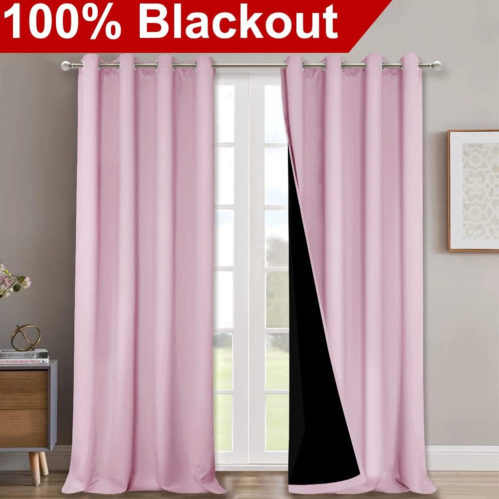 Nicetown 100% Blackout Blinds, Set of 2, 46" x 96", Baby Pink, Laundry Room Decor Window Treatment Curtains for Large Patio Sliding Door, T…