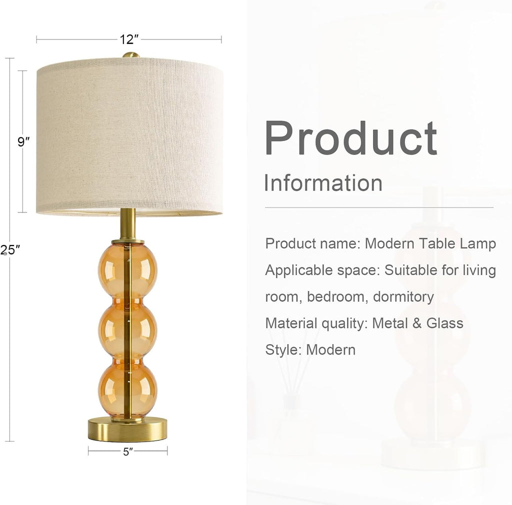 Oneach 25" Amber Glass Table Lamps for Living Room, Glass Modern Table Lamp Set of 2, USB Charging Ports, Linen Shade, Bedside Lamps for Be…