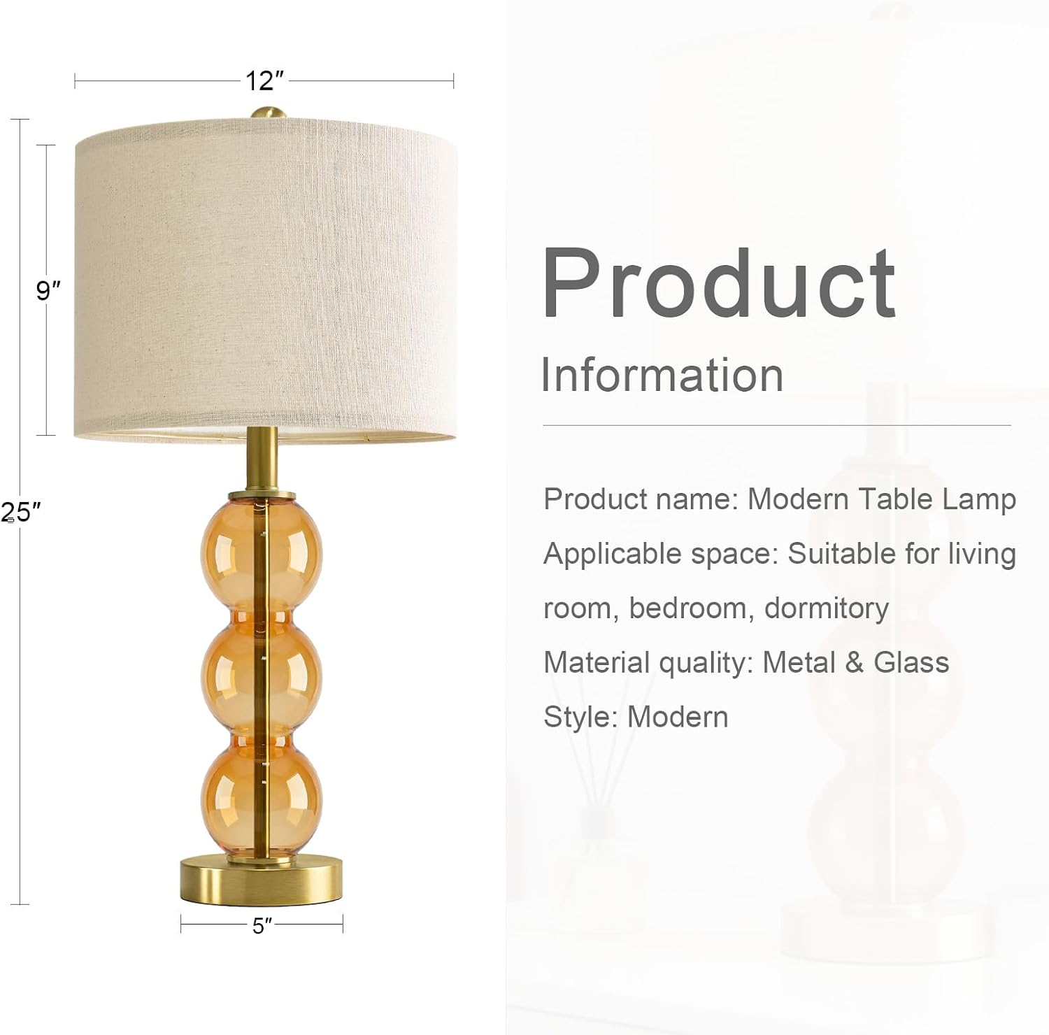 Oneach 25" Amber Glass Table Lamps for Living Room, Glass Modern Table Lamp Set of 2, USB Charging Ports, Linen Shade, Bedside Lamps for Be…