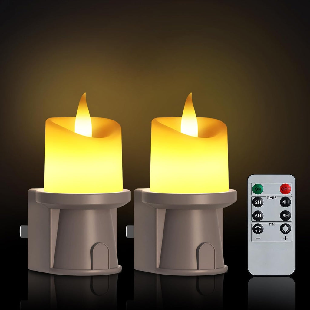 2-in-1 Plug in Night Light (2 Pack) - Dual Mode: Auto Sensor & Remote Timer - Boho Neutral Beige Candle Nightlight for Nursery, Bedroom…