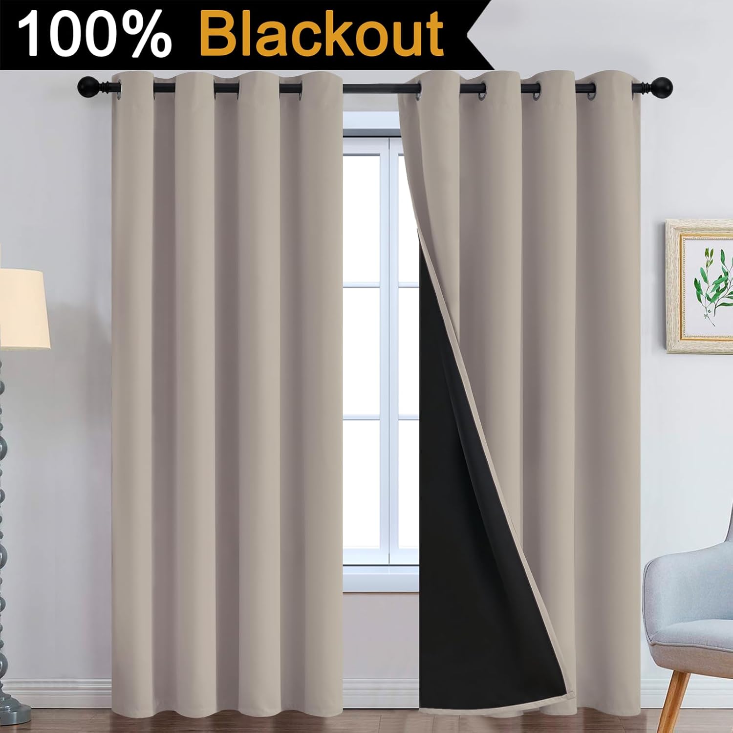 Yakamok 100% Blackout Curtains 96 Inches Long, 2 Thick Layers Heat and Full Light Blocking Soft Thermal Insulated Drapes for Bedroom(52" Wi…