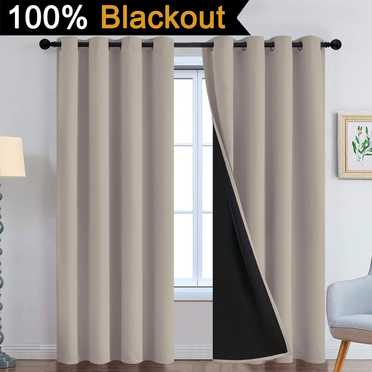 Yakamok 100% Blackout Curtains 90 Inches Long, 2 Thick Layers Heat and Full Light Blocking Soft Thermal Insulated Drapes for Bedroom(52" Wi…