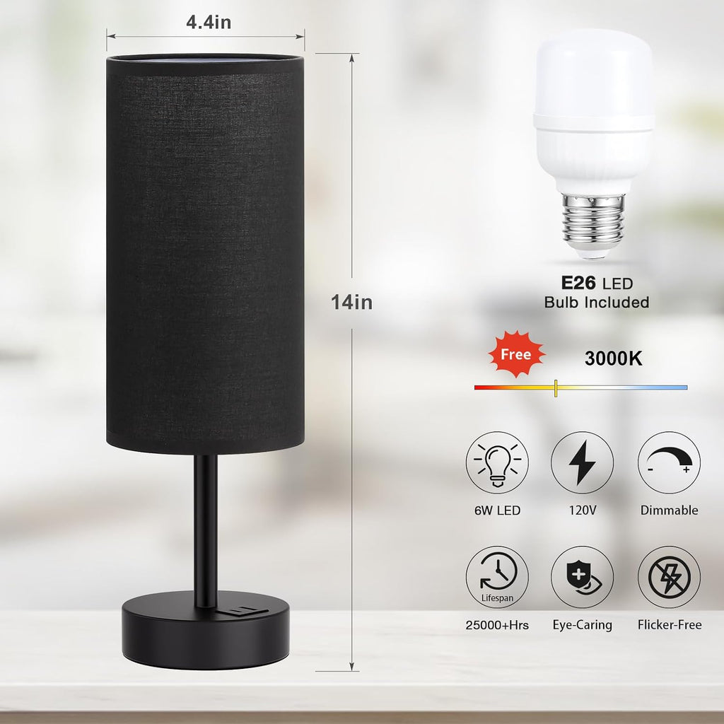 Dicoool Black Touch Bedroom Lamp with USB - 3 Way Dimmable Table Lamp for Bedroom, Nightstand Lamp with Black Charging Station for Desk…