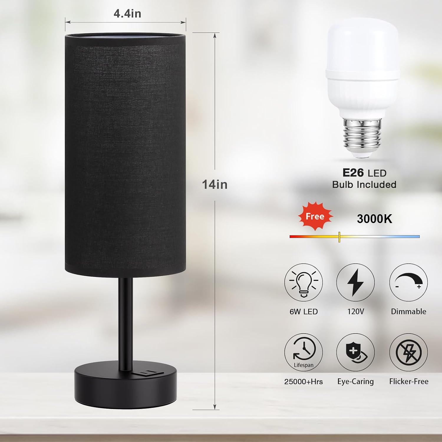 Dicoool Black Touch Bedroom Lamp with USB - 3 Way Dimmable Table Lamp for Bedroom, Nightstand Lamp with Black Charging Station for Desk…