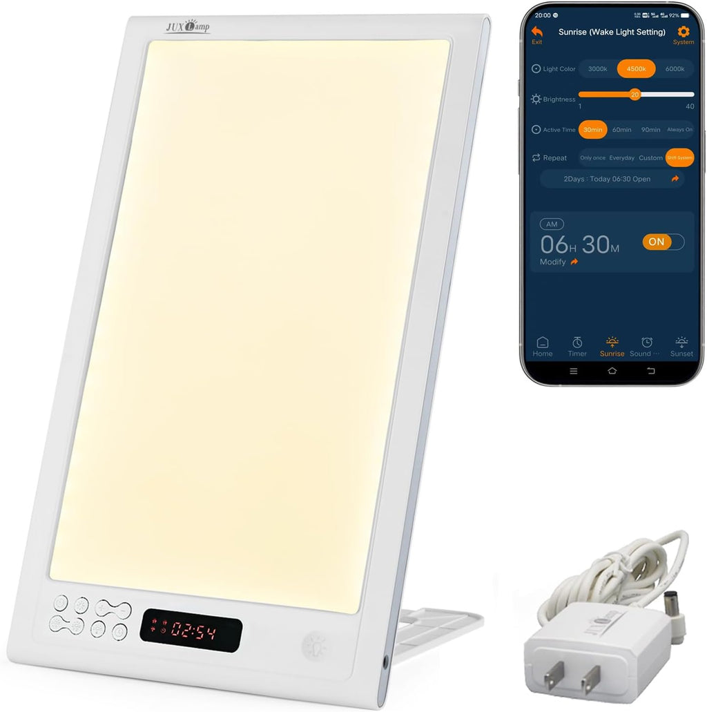 JUXLamp Light relaxation Sunrise Wake-up lamp APP Control Light Alarm Clock UV-Free 3 Color 12000lux Full Spectrum Sun lamp Restorative…