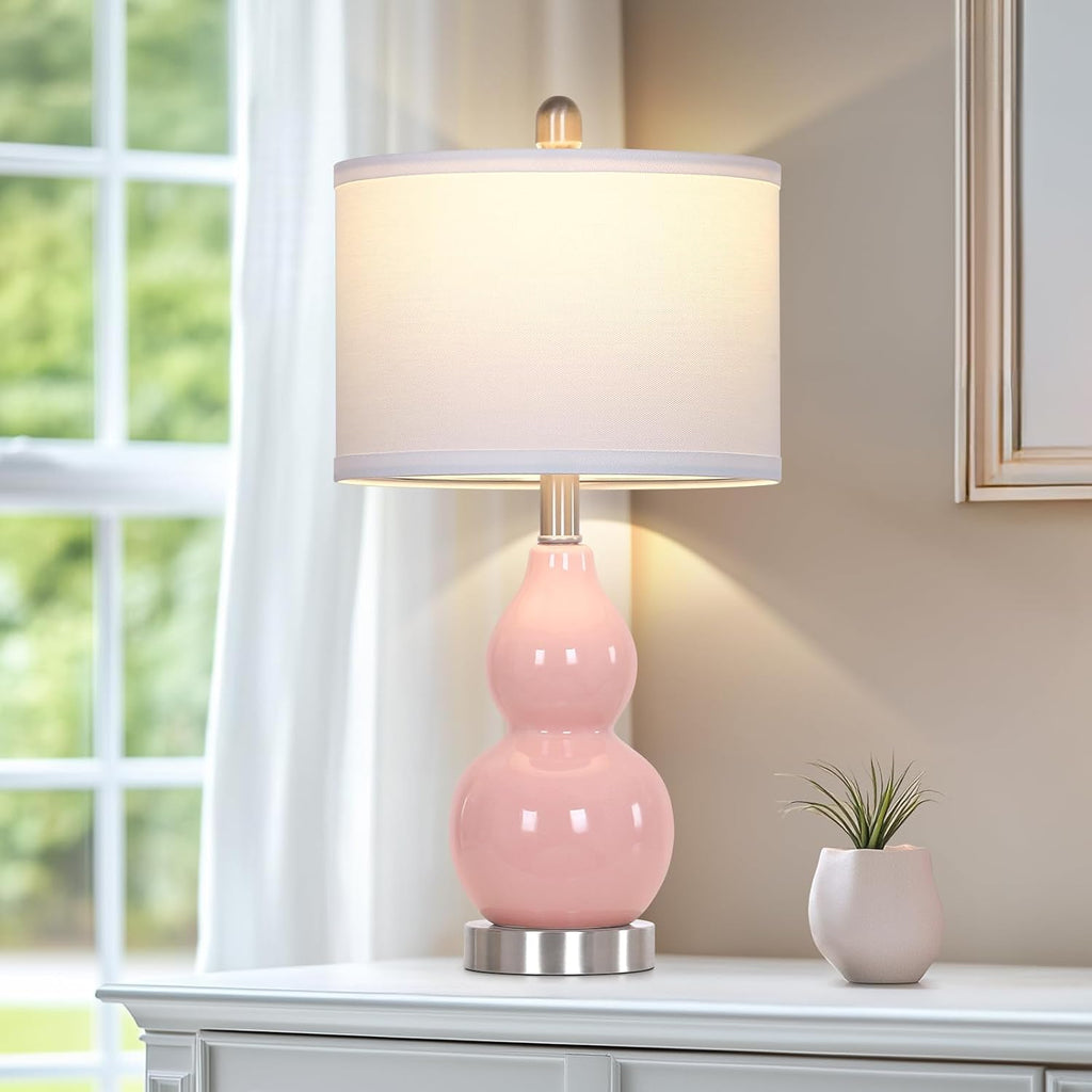 Rinweey Double Gourd Ceramic Table Lamps Set of 2, Modern Pink Bedside Lamps for Night Stand, Contemporary Nightstand Lamps for Bedroom…