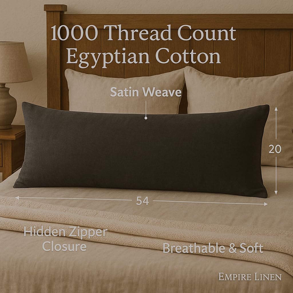 Body Pillowcase 20x54 Inch, Egyptian Cotton 600 Thread Count Sateen Weave, Zipper Closure Long Pillow Cover Cooling Soft (Dark Grey 20x54)