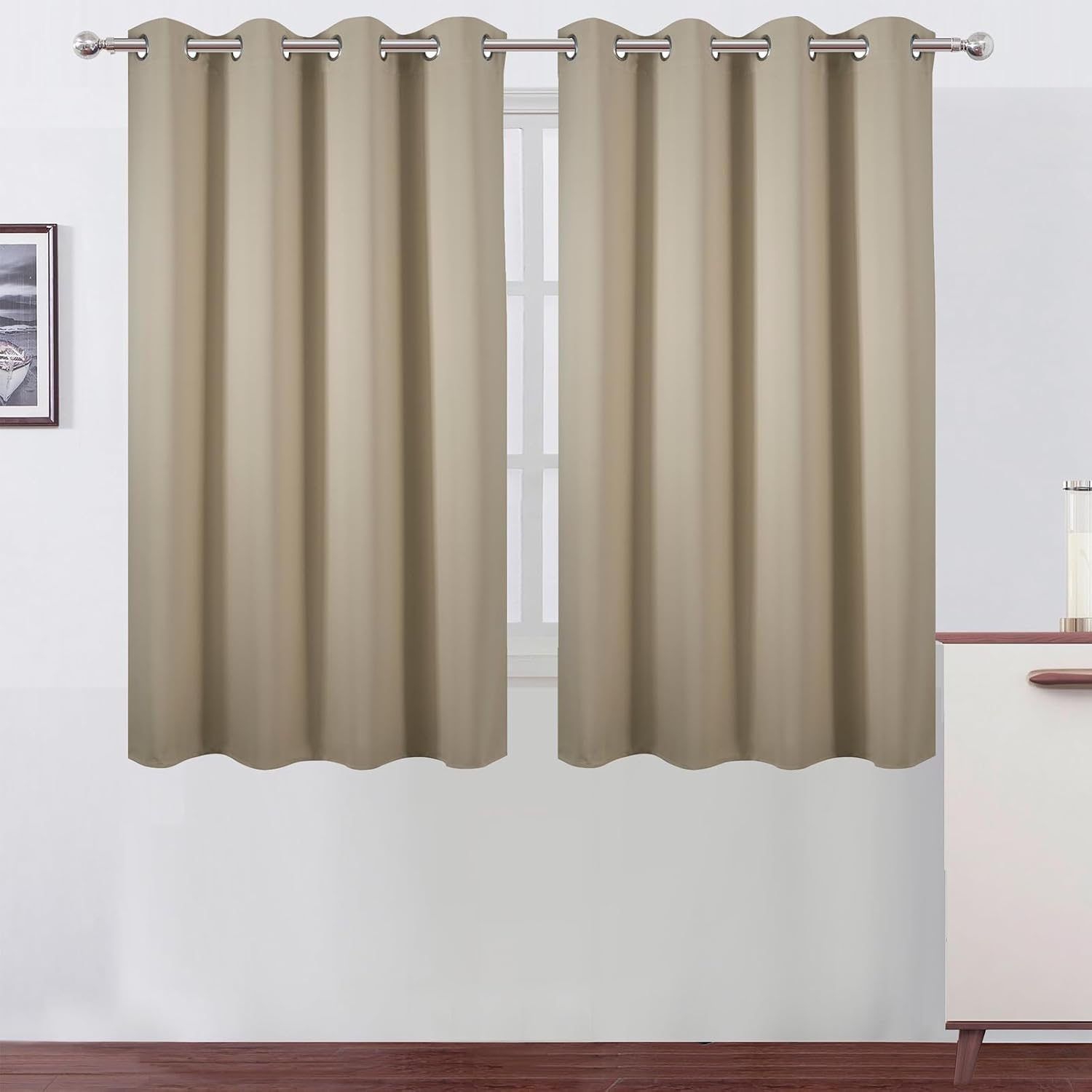 Lemomo Blackout Curtains 66 x 54 Inch Long Beige Curtains Set of 2 Panels Room Darkening Curtains for Bedroom and Living Room 54 Inch silver
