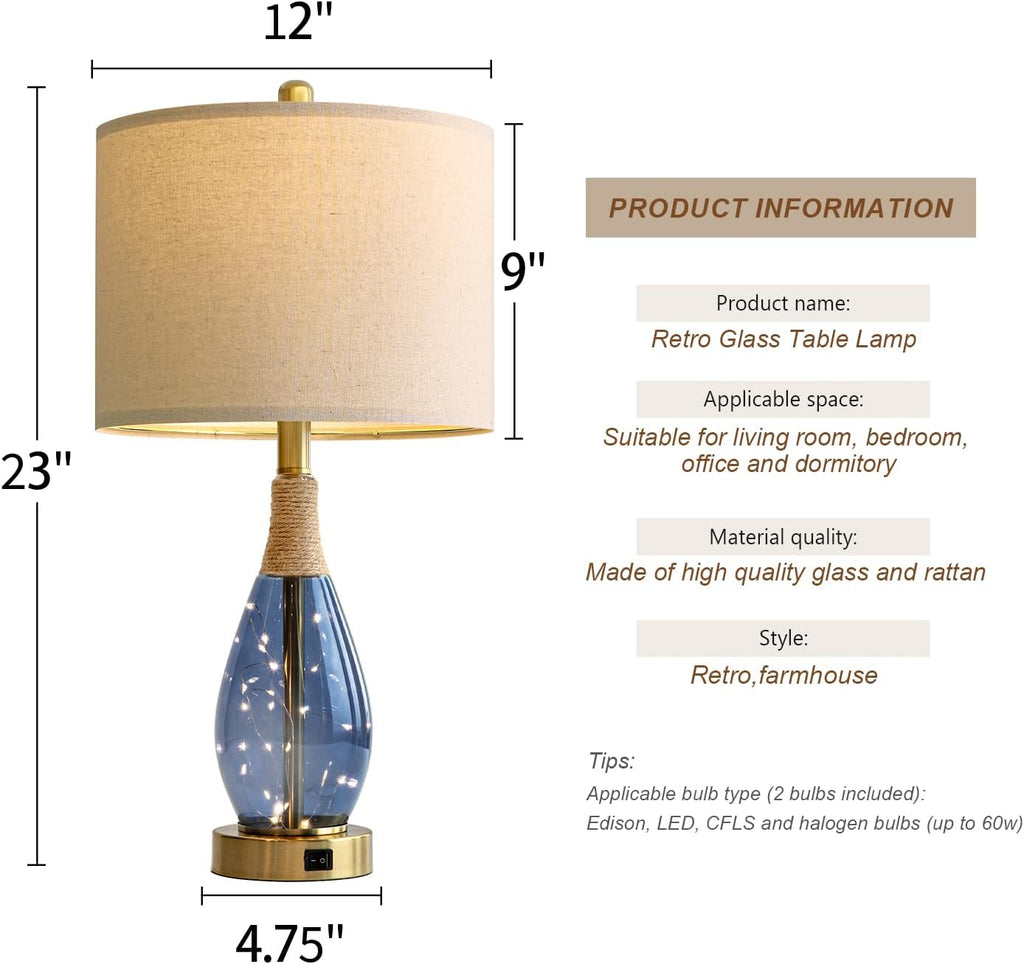 OYEARS 23" Table Lamps for Living Room Set of 2 Bedside Lamps for Night Stands Bedroom Lamps Farmhouse Rattan Boho Lamp Glass Nightlight…