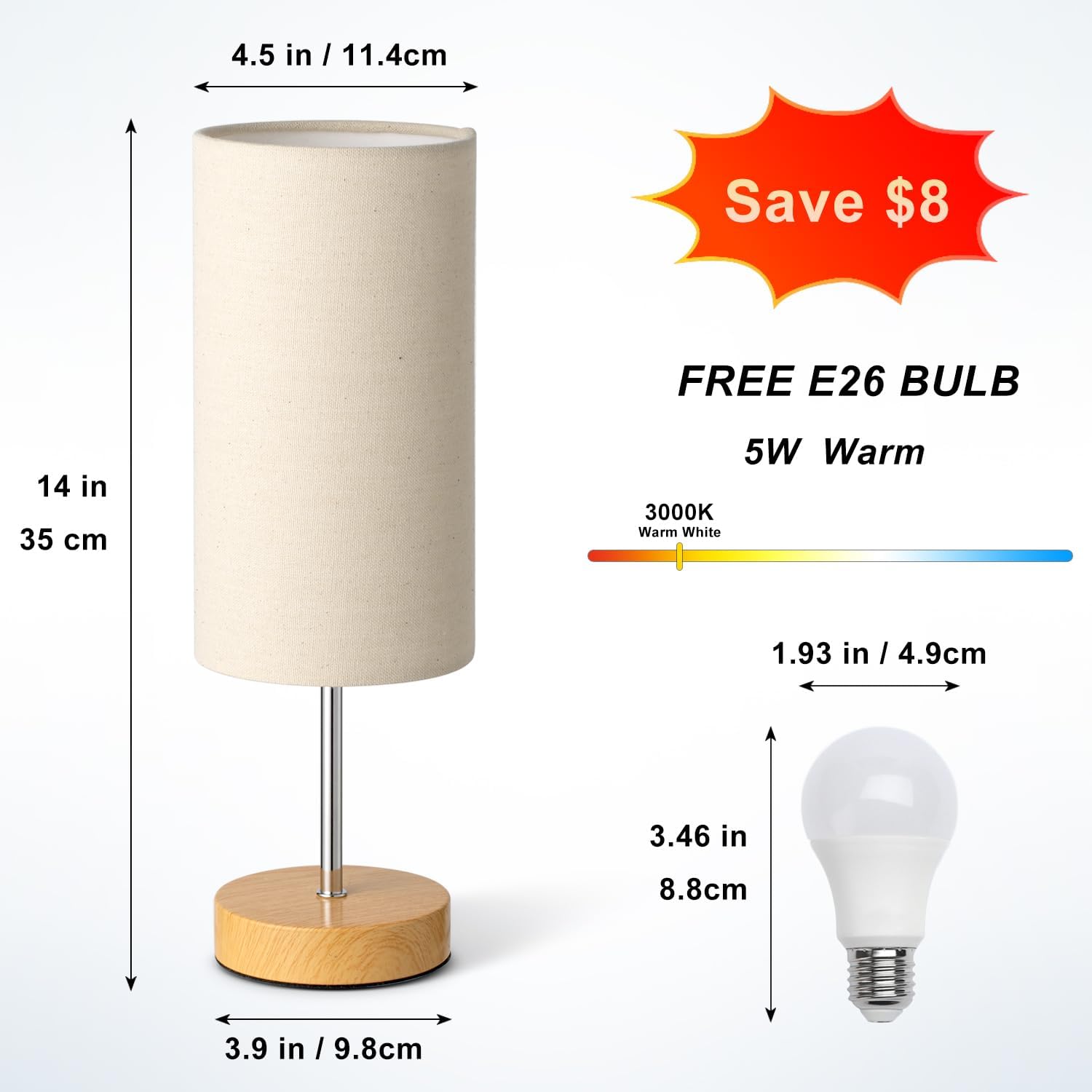 Small Bedside Table Lamp for Bedroom Nightstand, Round Linen Shade and Wood Base, Rustic Minimalist Night Lamps for Dresser, Living Room…