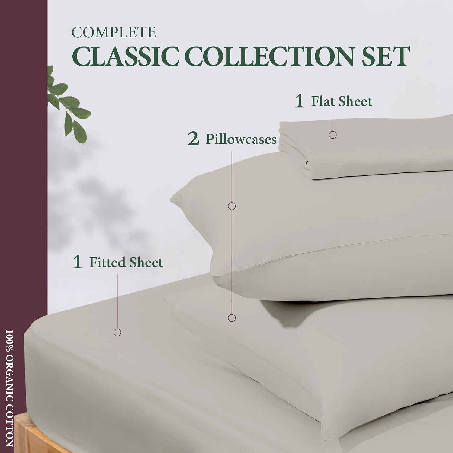 AshtonSheets 100% Organic Cotton Sheets Full Size - Organic Cotton Full Size Percale Weave Sheet Set (4 PC, Light Grey), Soft, Cooling, Cri…