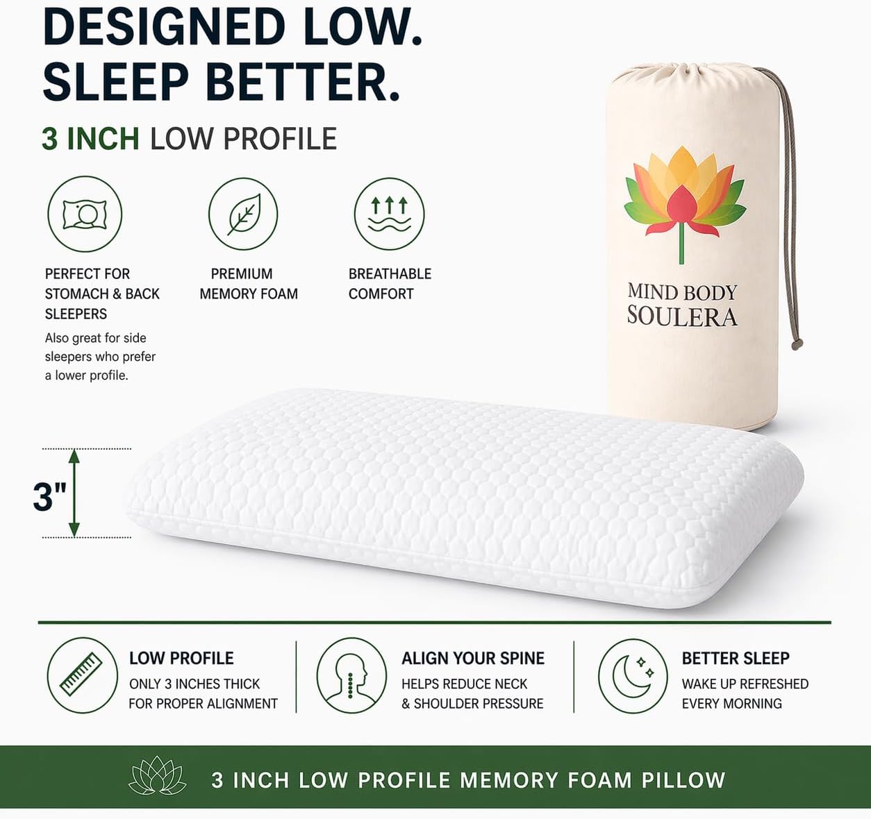 Mind Body Soulera Thin Flat Memory Foam Pillow for Stomach Sleepers, Low Profile Pillow for Back & Side Sleepers, 3-Inch Cooling Gel…