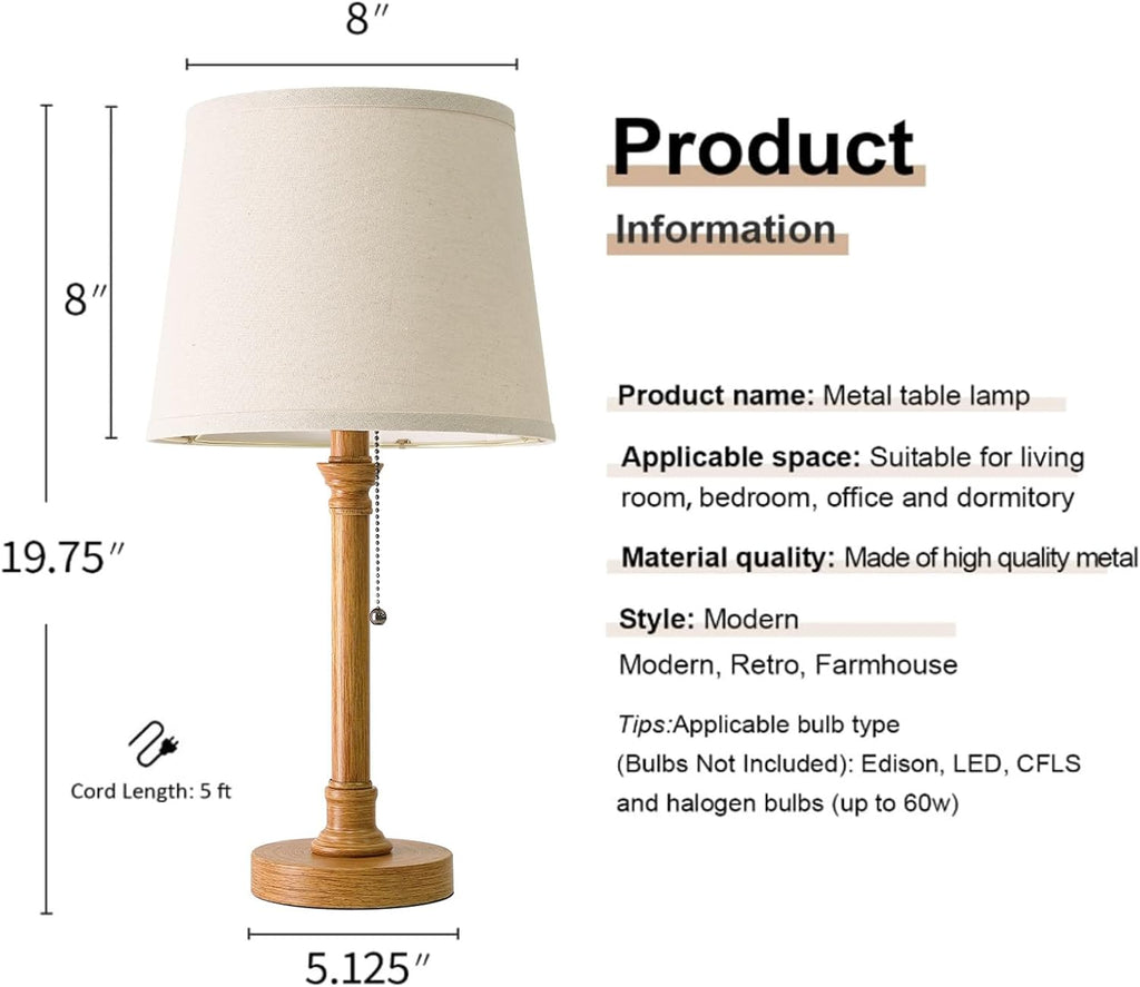 Oneach 19.5" Small Table Lamps Set of 2, Pull Chain Switch Bedside Metal Table Lamps, Modern Nightstand Lamp with Linen Shade, Rustic…