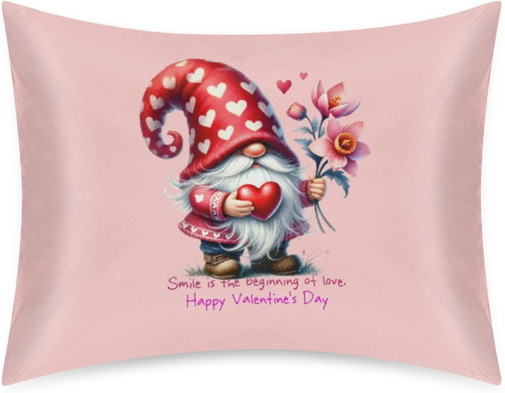 Valentine Pink Rose Gnomes Satin Pillowcase for Hair and Skin Soft Silk Pillow Case with Envelope Closure Cooling Pillow Cases Slip…