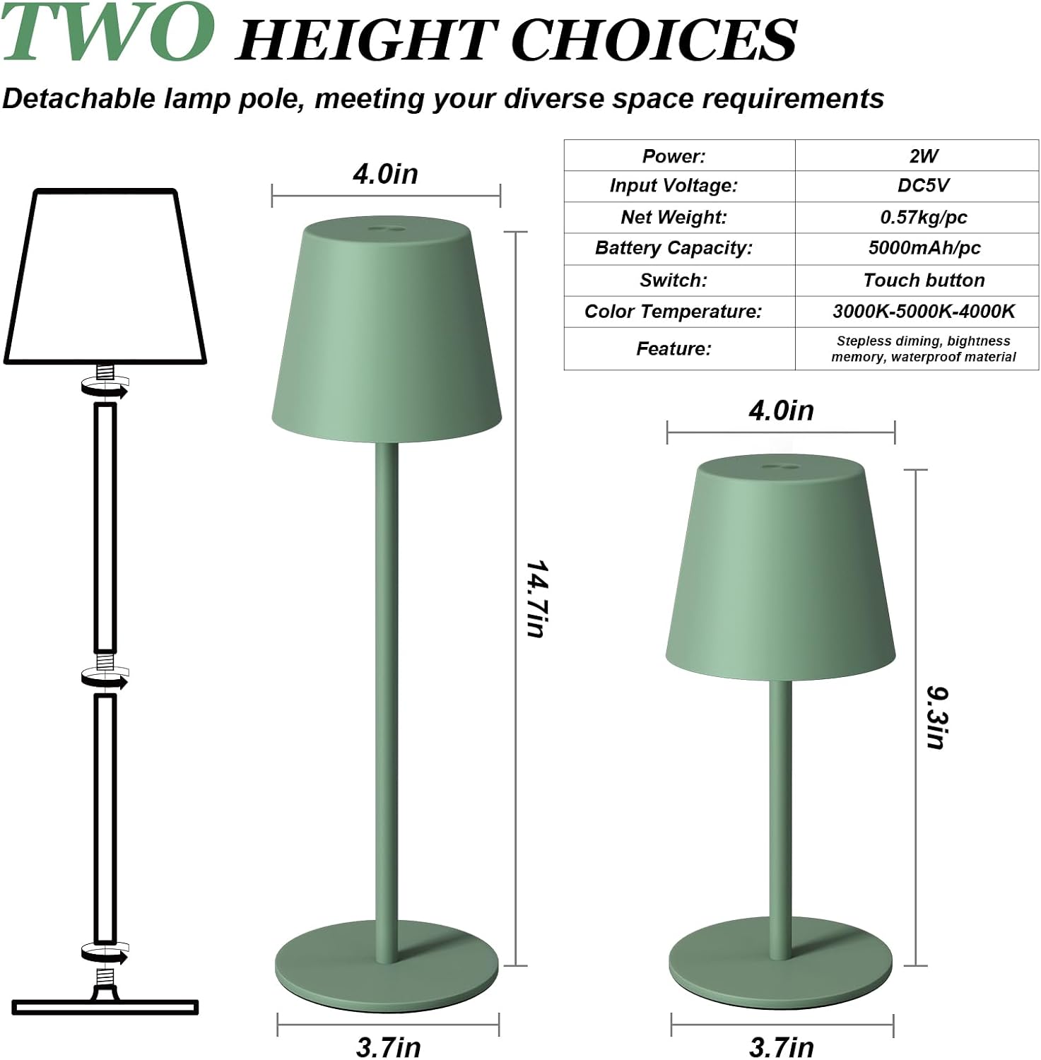 Kakanuo Cordless Table Lamp Rechargeable Green - KK 2 Pack 5000mAH Battery Operated Lamp for Dining Table, 3 Color Stepless Dimming…