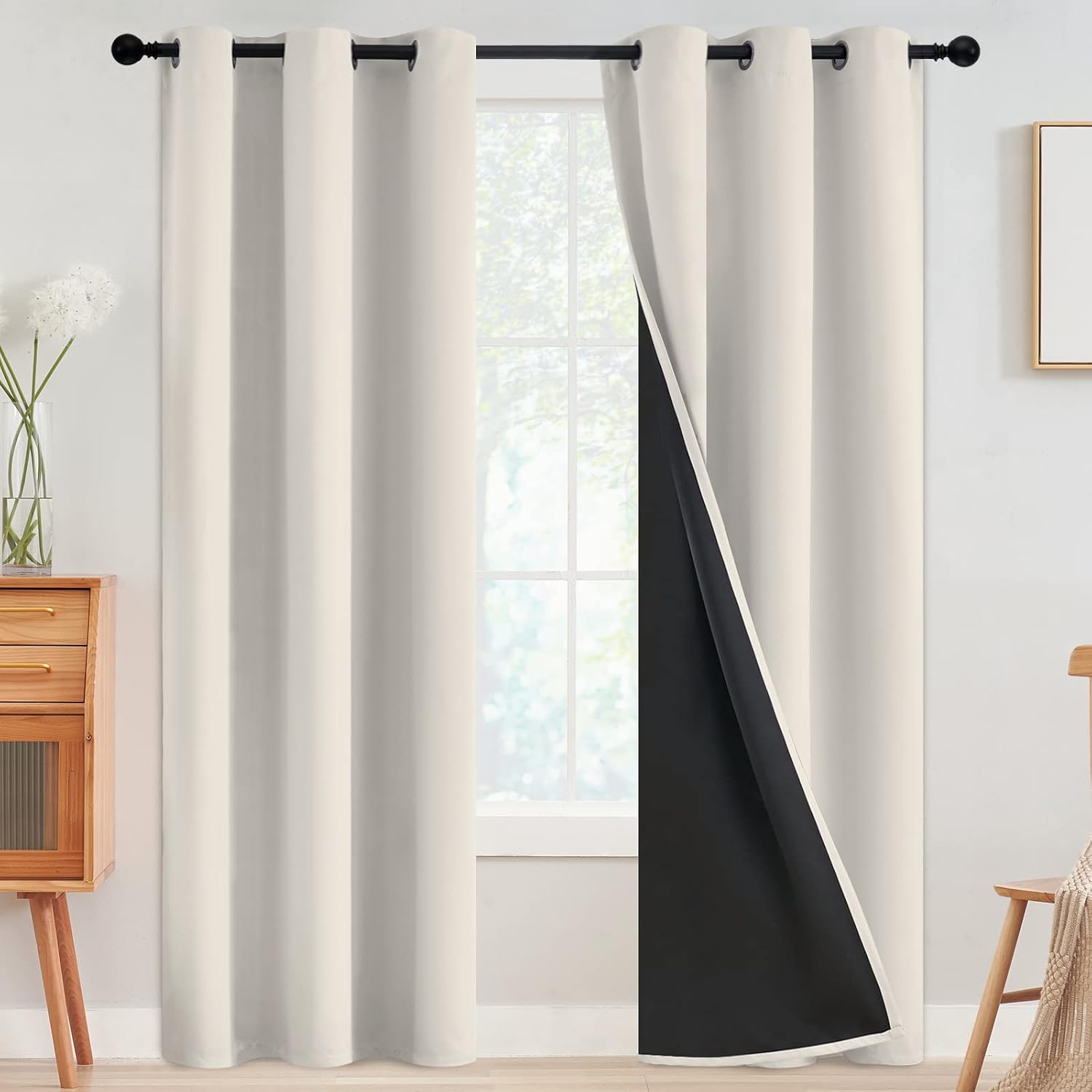 SimpleHome 100% Blackout Curtains for Bedroom, Thermal Insulated Grommet Window Drapes Room Darkening Cream Curtains for Living Room with Bl…