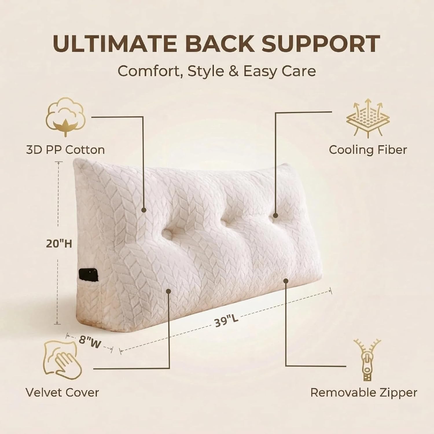Headboard Pillow Twin Size, Reading Pillow for Bed, Leaf Pattern Wedge Pillow, Tufted Backrest Support, Headboard Substitute, Beige