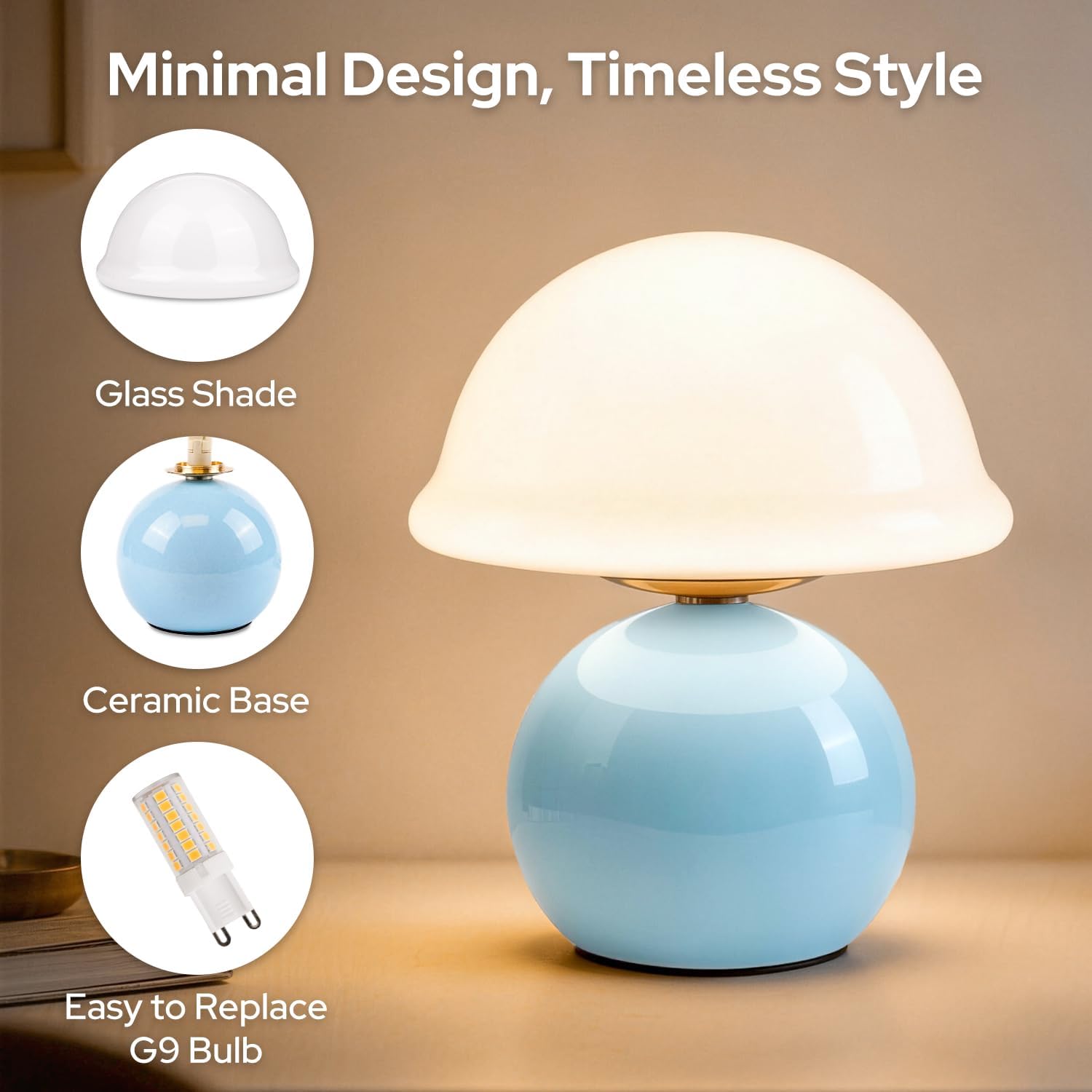 Mushroom Table Lamp for Bedroom, Cozy Bedside Lamp with Glass Shade, Stepless Dimmable Nightstand Lamp for Relaxing Bedroom Decor &…