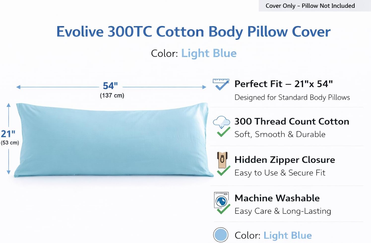 Evolive 300 Thread Count 100% Cotton Body Pillow Cover, 21" x 54", Soft Breathable Replacement Pillow Case with Hidden Zipper Closure (Ligh…