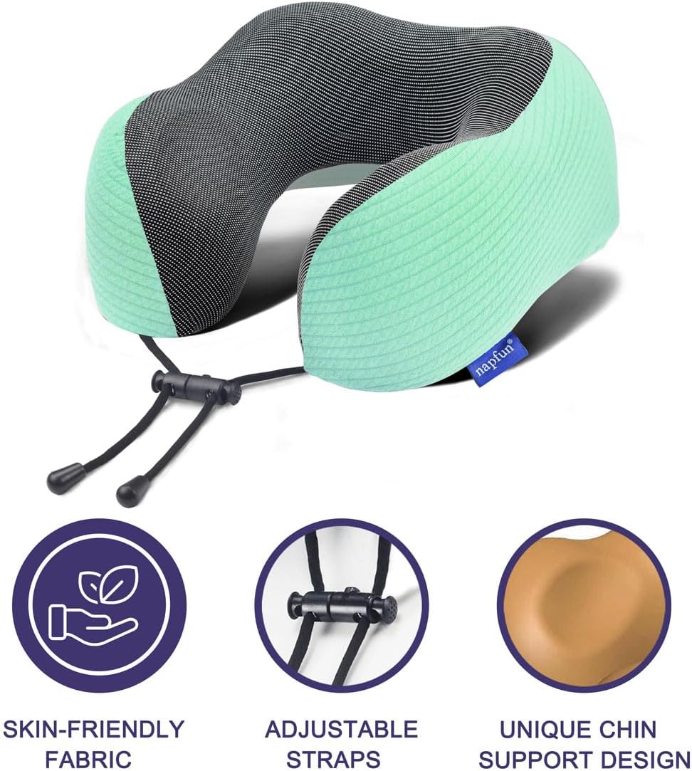 napfun Neck Pillow for Travel with Travel Pouch, Sleep Mask & Earplugs, Memory Foam Airplane Pillow for Headrest Sleep with Eyeshades…