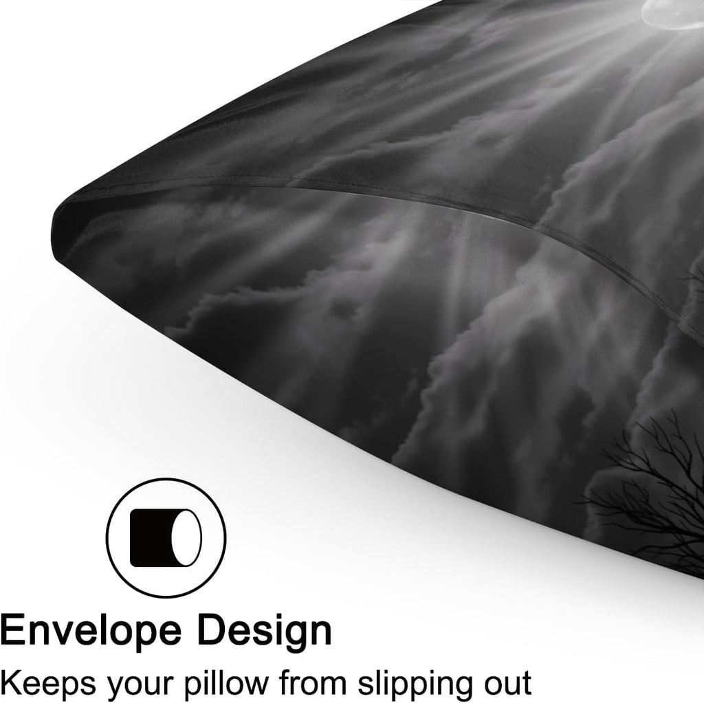 Satin Pillowcase for Hair and Skin, Standard Size Forest Howling Wolf Moon Decorative Pillow Sham with Envelope Closure Pillow Cover for…