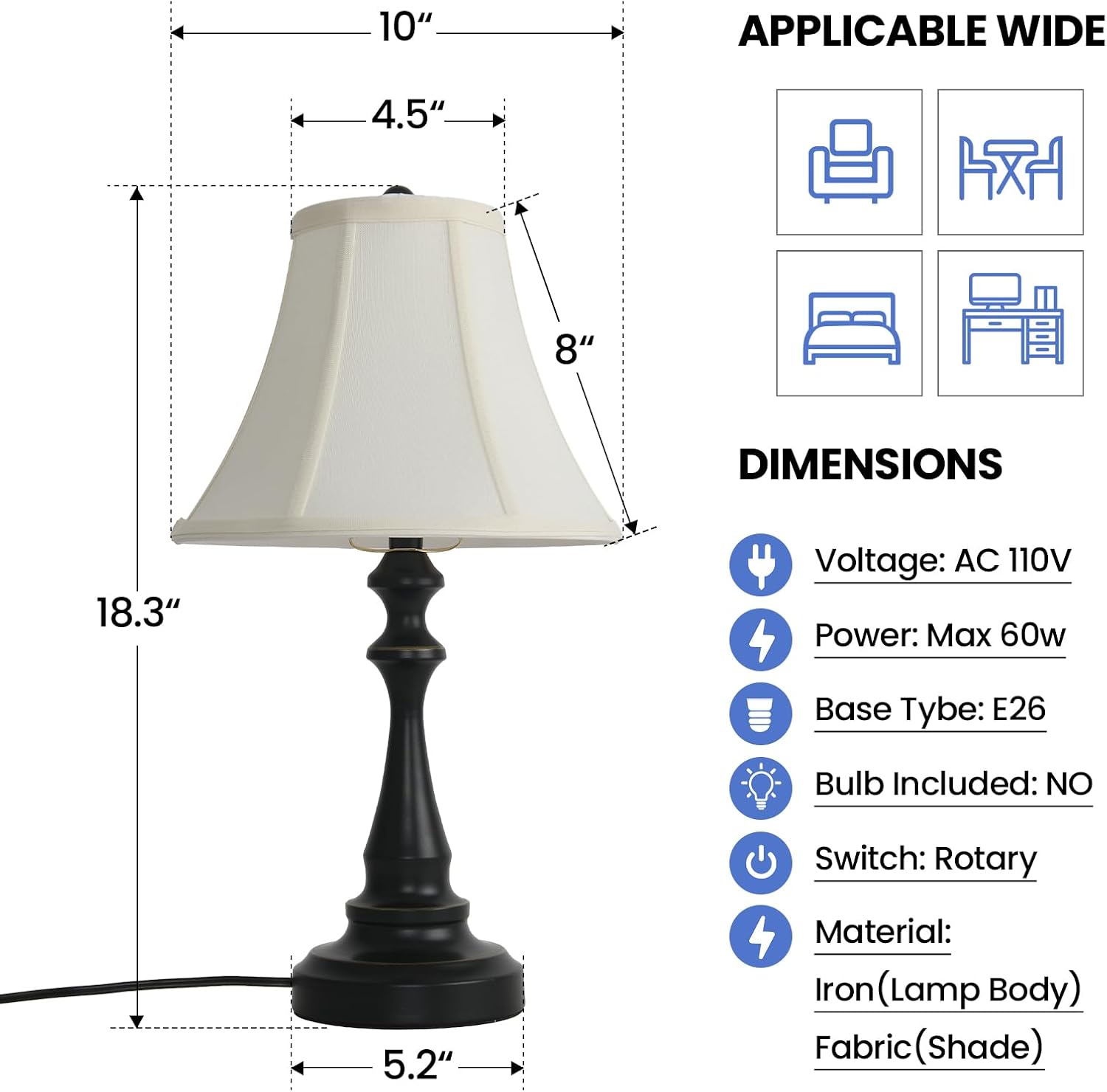 Traditional Table Lamp, Vintage Desk Lamp for Living Room with Fabric Shade, Farmhouse Bedside Lamp Black Finish for Bedroom Nightstand…