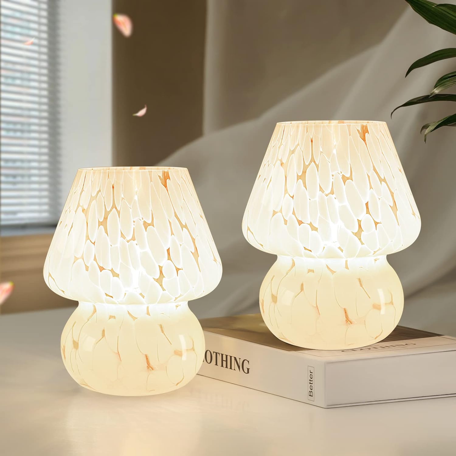 ONEWISH Cute Mushroom Lamp Small Bedside Table Lamp Set of 2 Stepless Dimmable, Translucent Glass White Nightstand Lamp for Bedroom Dorm…