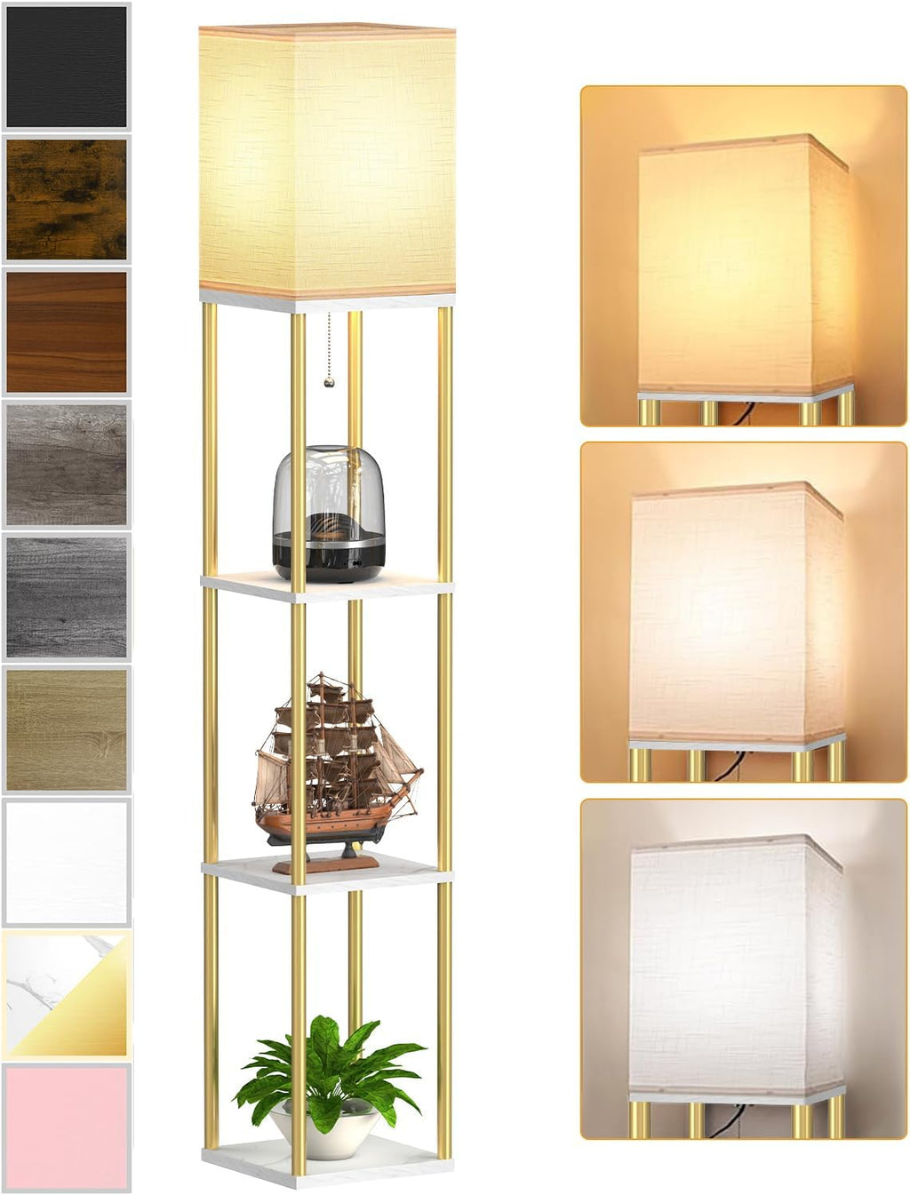 Floor Lamp with Shelves, Modern Corner Display Standing Column Shelf Lamp Etagere Organizer Tower Nightstand with White Linen Shade for…